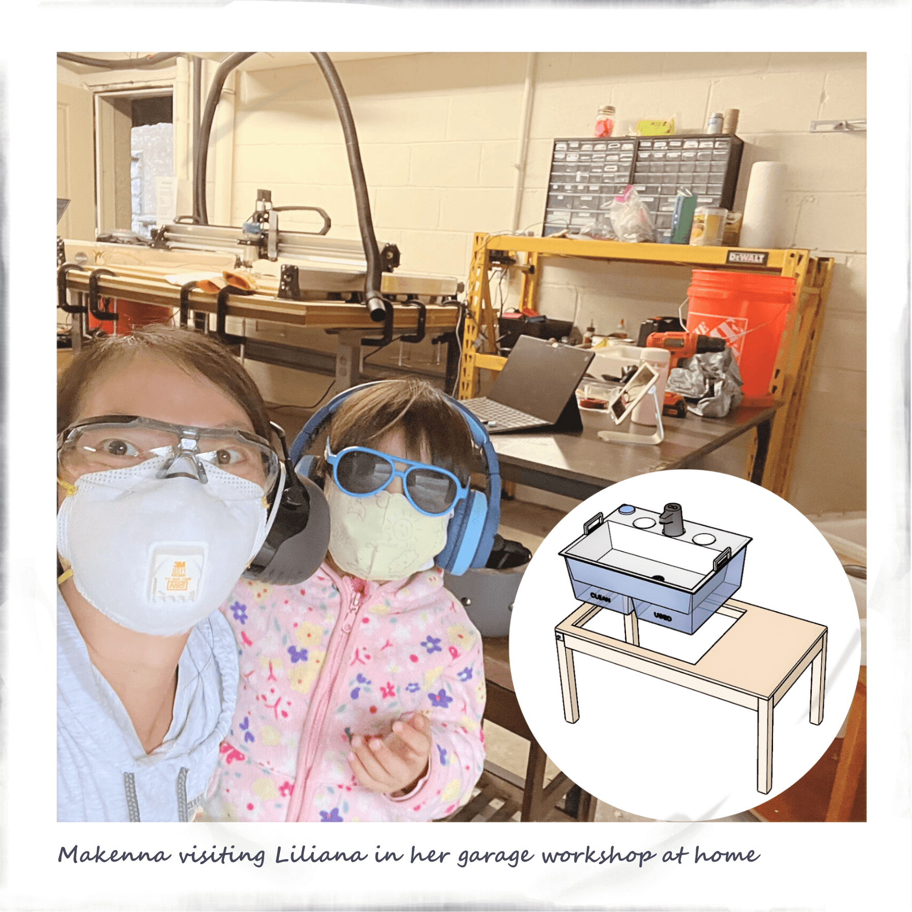 Little girl visiting her mother in her mother's garage workshop to make a portable sink prototype