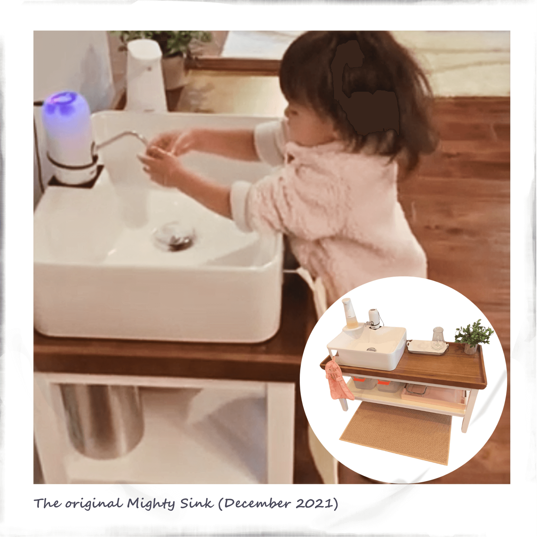 Little girl using a homemade portable sink that her mother made for her